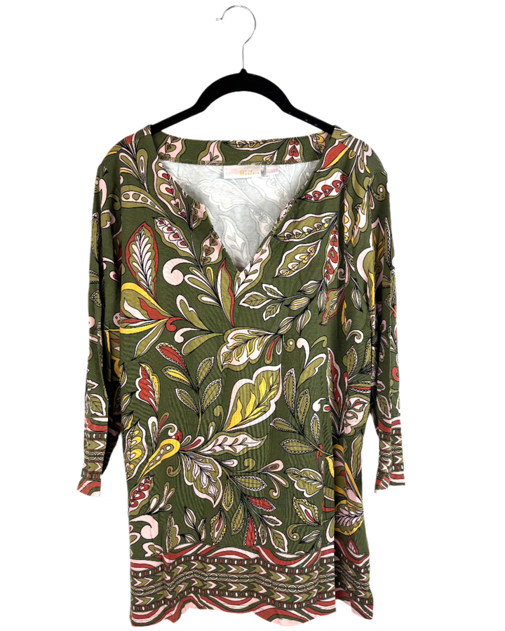Dark Green And Pink Leaf Print Top - Size 6/8