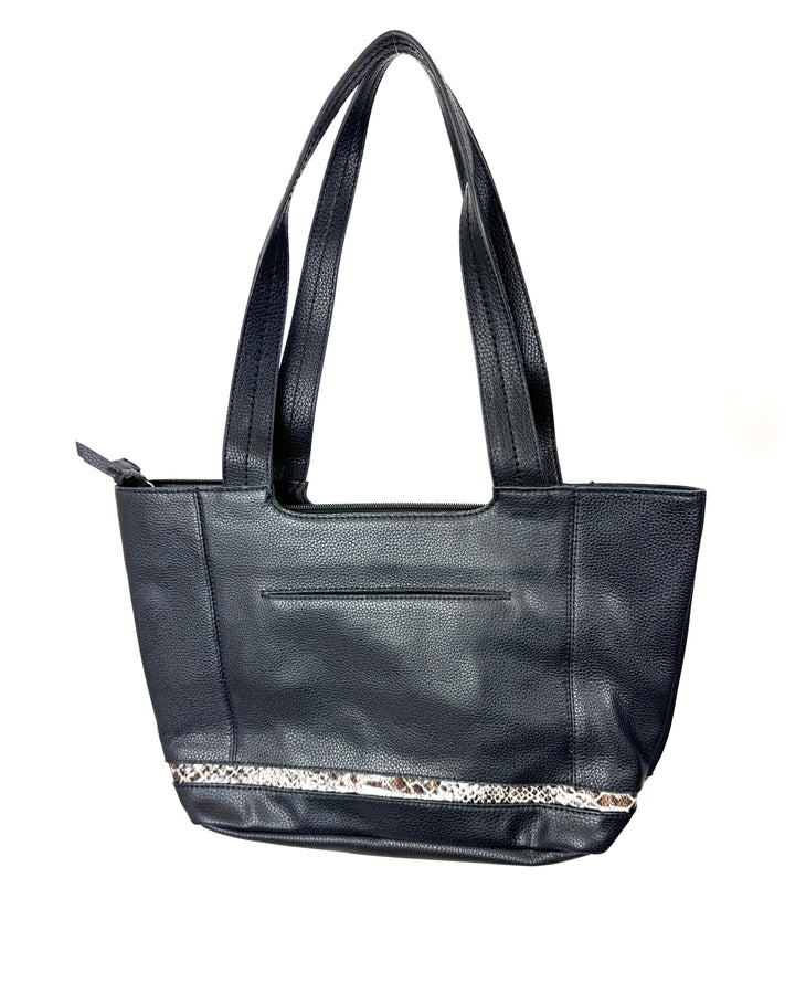 Black Leather Tote Bag with Snake Skin Design