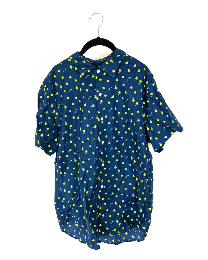 MENS Navy Blue Floral Short Sleeve - Medium