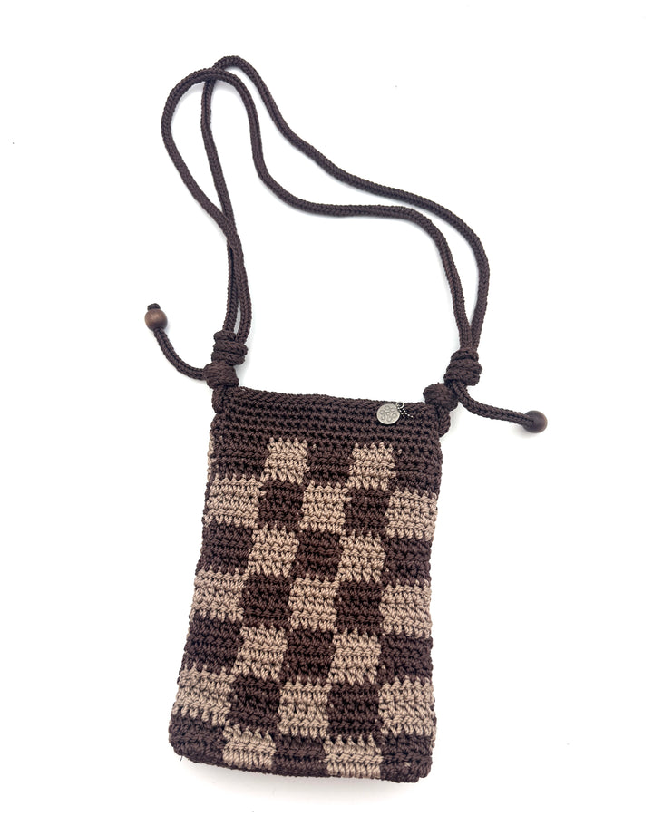 Brown Checker Print Crochet Shoulder Bag