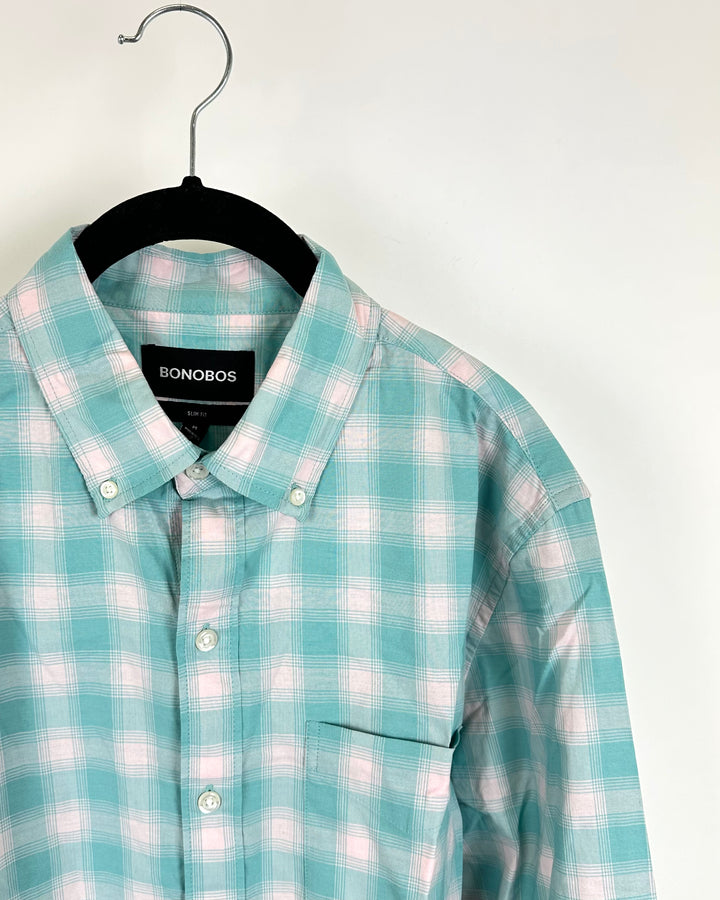 Mens Pastel Blue and Pink Plaid Shirt - Medium