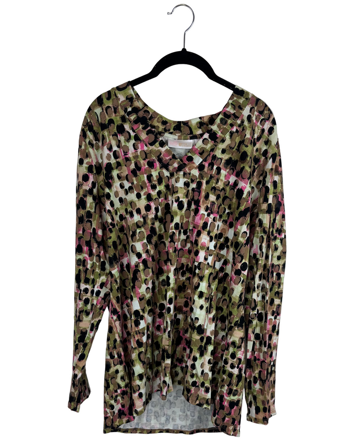 Green, Brown and Pink Dot Pattern Long Sleeve Top - Size 14/16