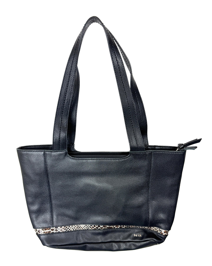 Black Leather Tote Bag with Snake Skin Design