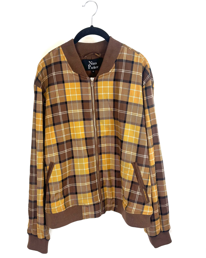 Brown Plaid Zip up Bomber Jacket- 2X