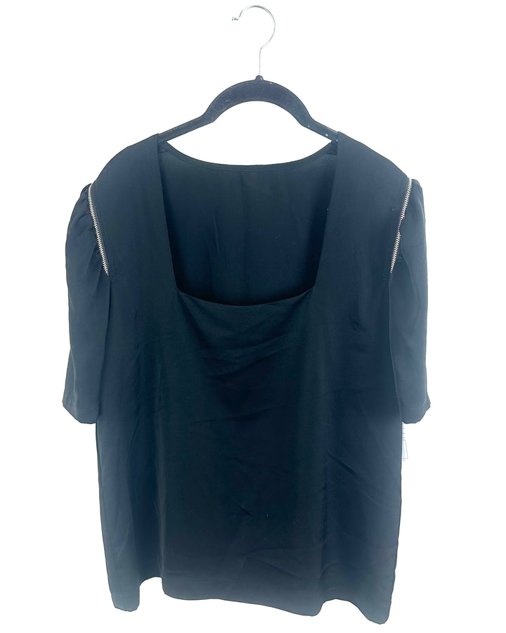 Black Zipper Sleeve Square Neck Blouse - Size 4/6