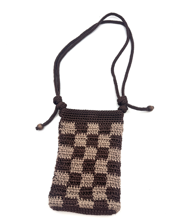 Brown Checker Print Crochet Shoulder Bag