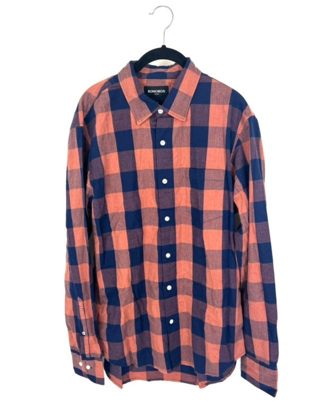 MENS Navy and Orange Plaid Long Sleeve Button-Up - Large