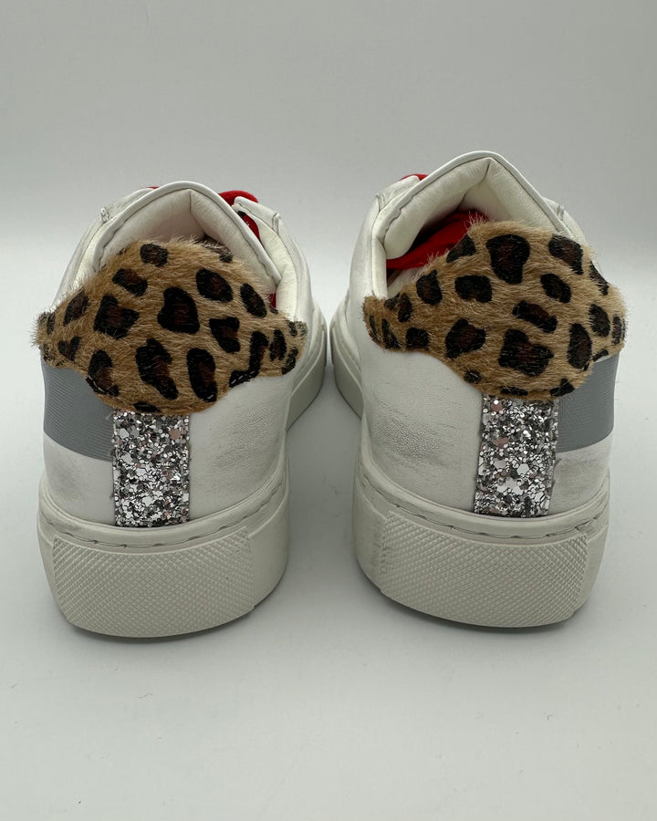 White Leather And Cheetah Print Sneaker - Size 6.5