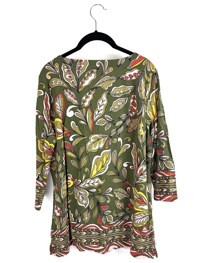 Dark Green And Pink Leaf Print Top - Size 6/8