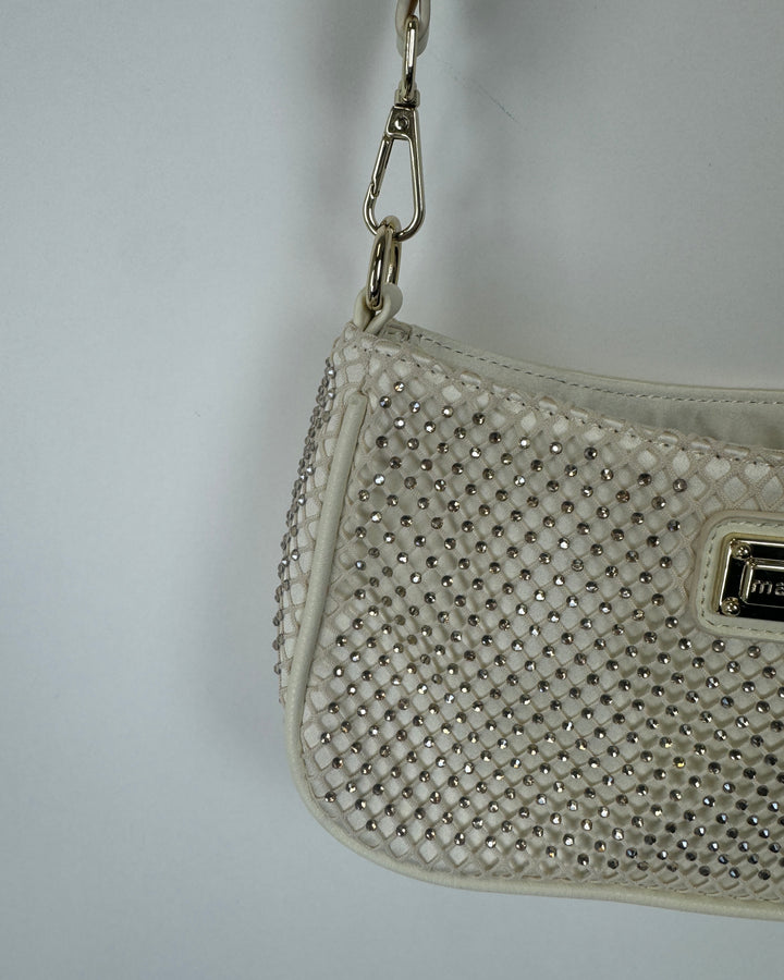 Cream Fishnet Rhinestoned Bag