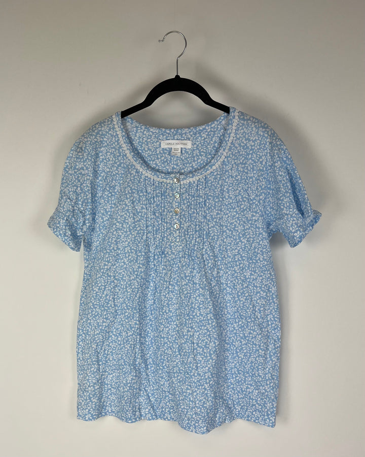 Light Blue Leaf Print Short Sleeve Sleep Shirt - Extra Small