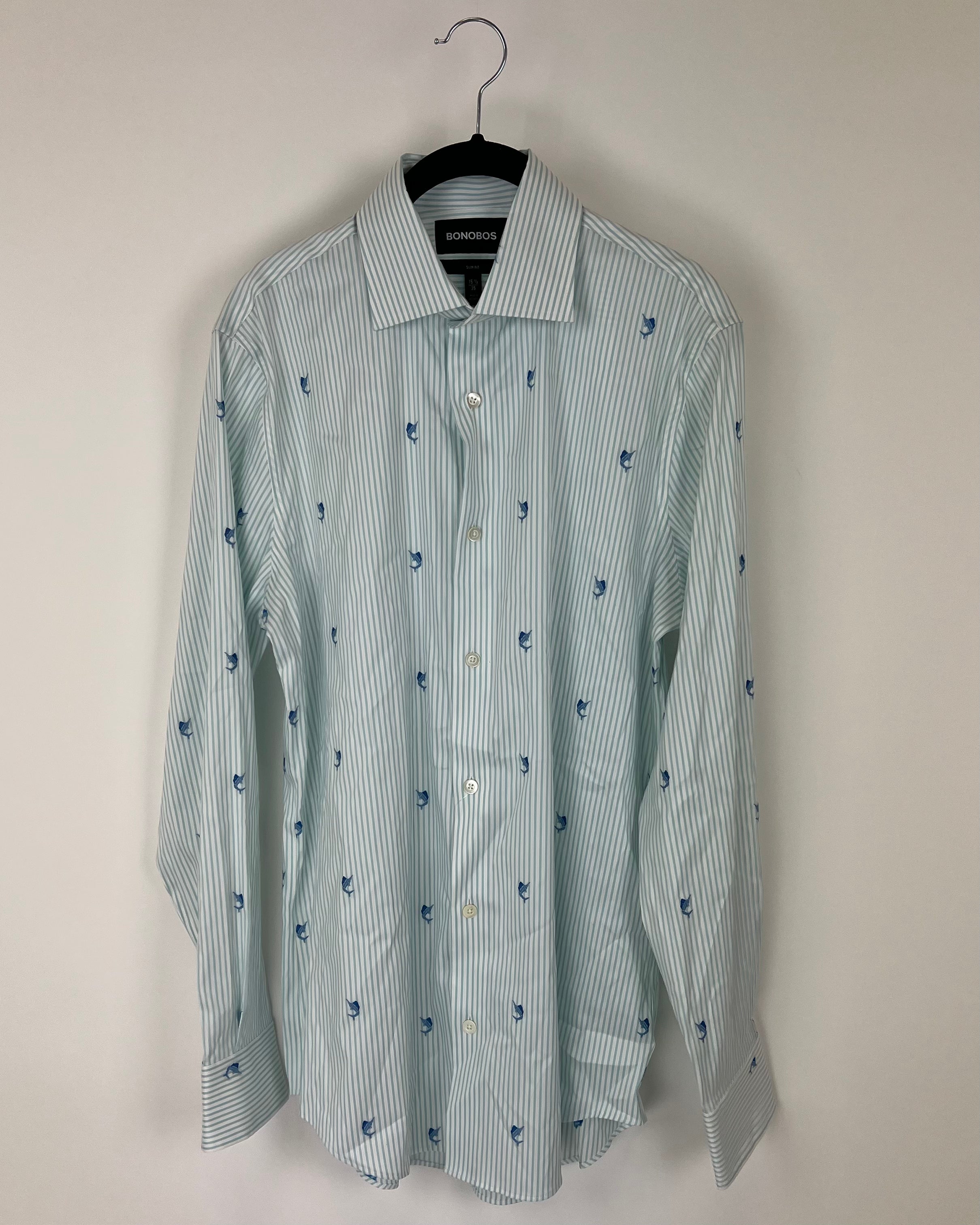 bonobos dress shirts MENS Striped Swordfish Print Slim Fit Shirt BLACK DRESS Boho High Low Dress Size:XXSMALL can be thrown in