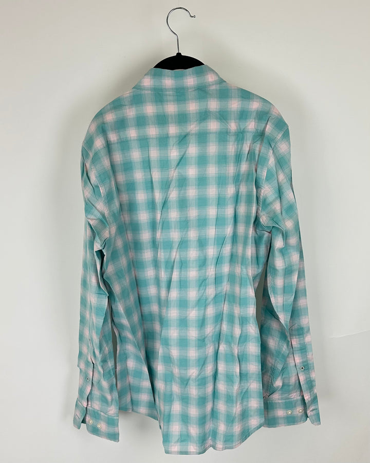 Mens Pastel Blue and Pink Plaid Shirt - Medium