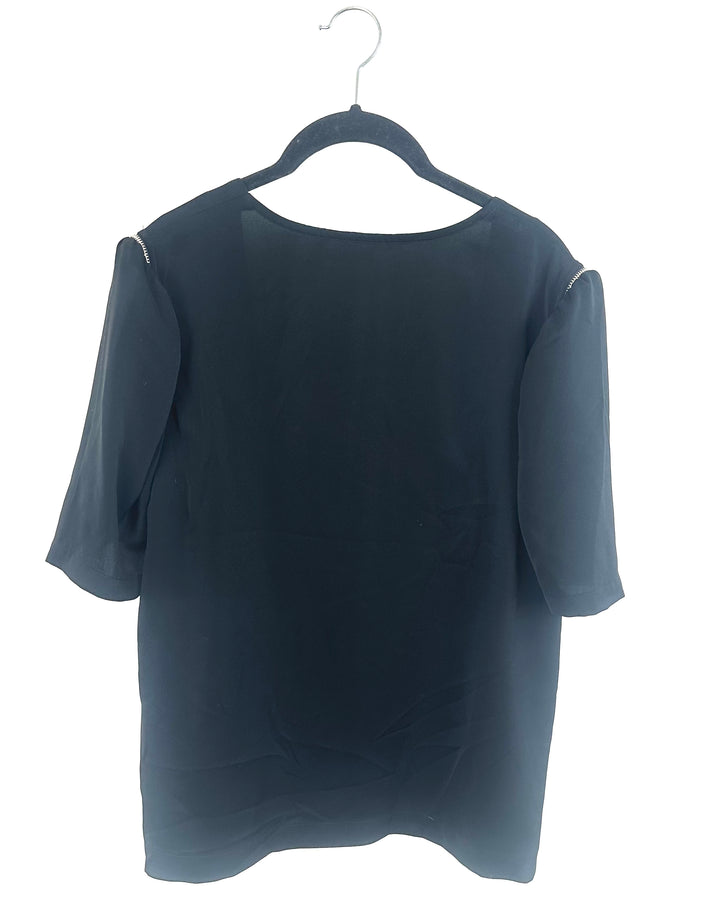 Black Zipper Sleeve Square Neck Blouse - Size 4/6