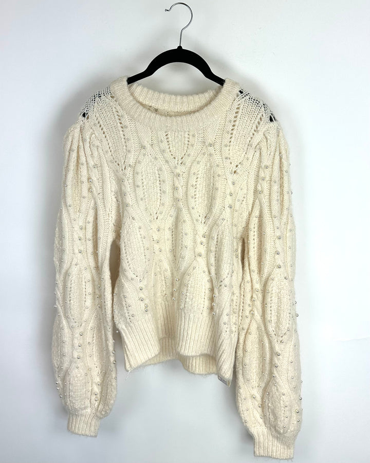 Cream Knit Sweater With Pearls - Size 0/2