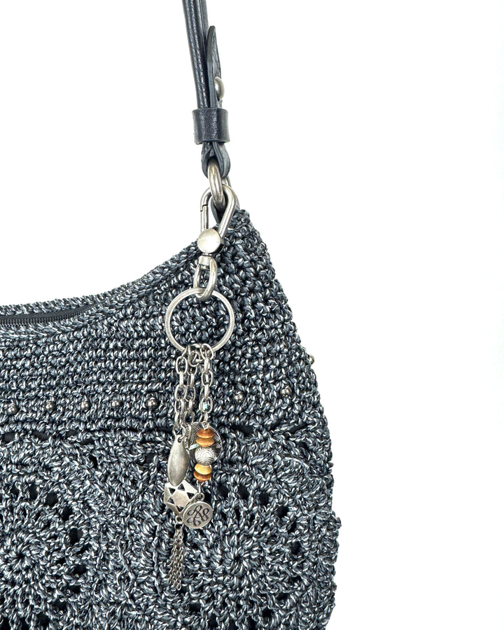Black Crochet and Silver Stud Shoulder Bag
