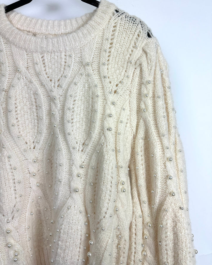 Cream Knit Sweater With Pearls - Size 0/2