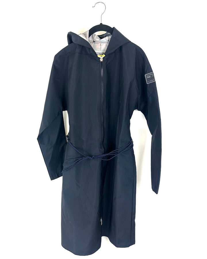 Dark Navy Blue Long Raincoat With Bungee Belt - Size 2/4, 6/8, 8/10 and 10/12
