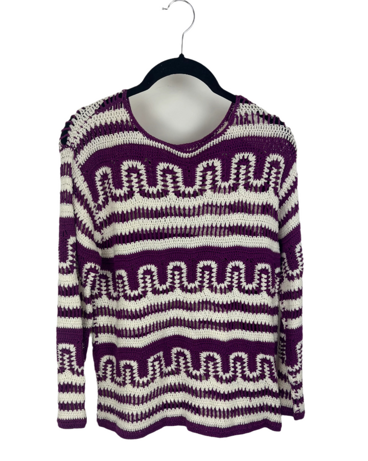 Purple And White Crochet Knit Sweater - Small