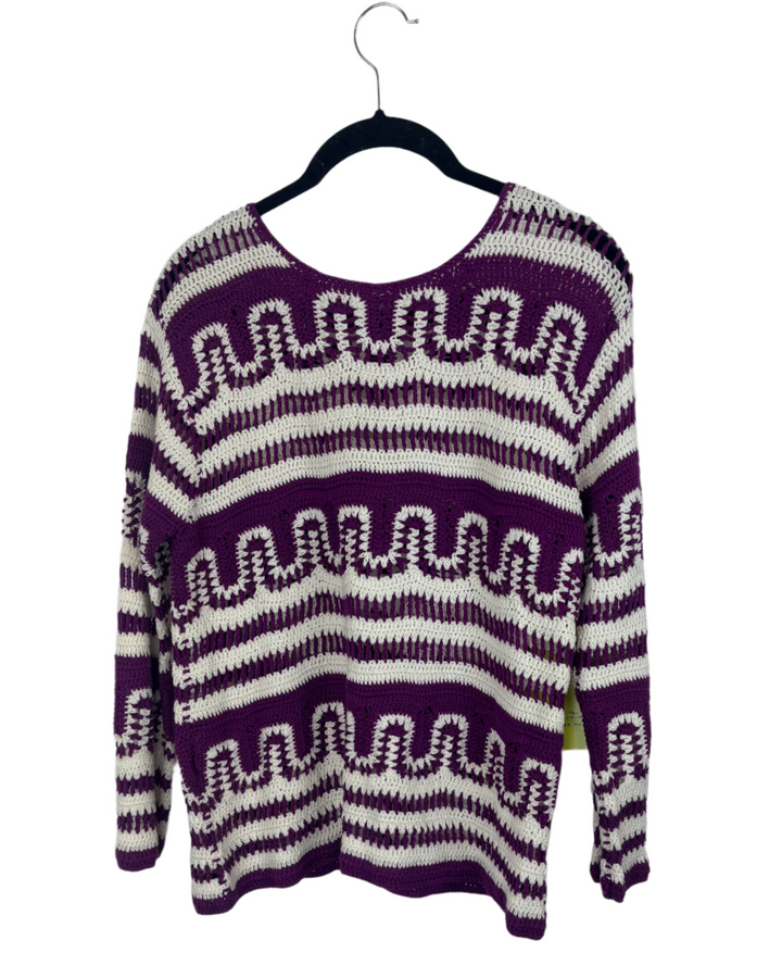 Purple And White Crochet Knit Sweater - Small