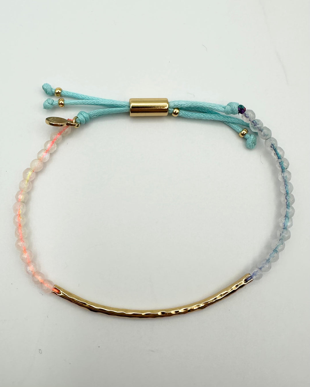 Blue And Pink Beaded Rope Bracelet With Gold Bar