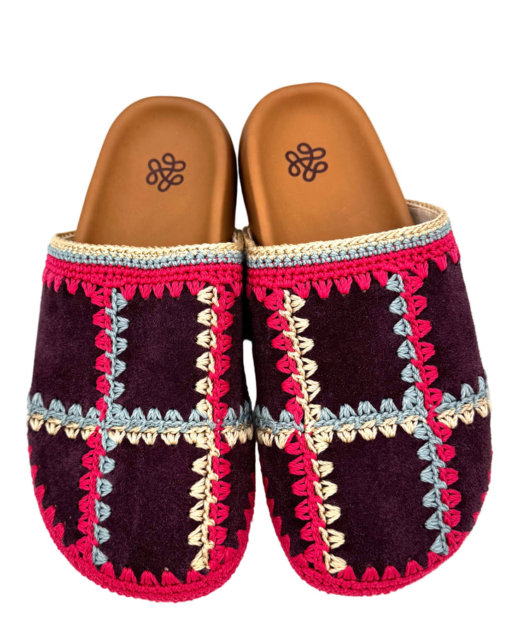 Purple Suede & Crochet Clogs - Size 6