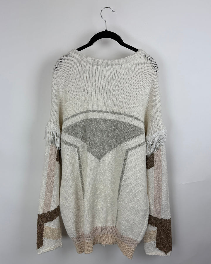 White And Neutral Toned Fringe Cardigan - Large