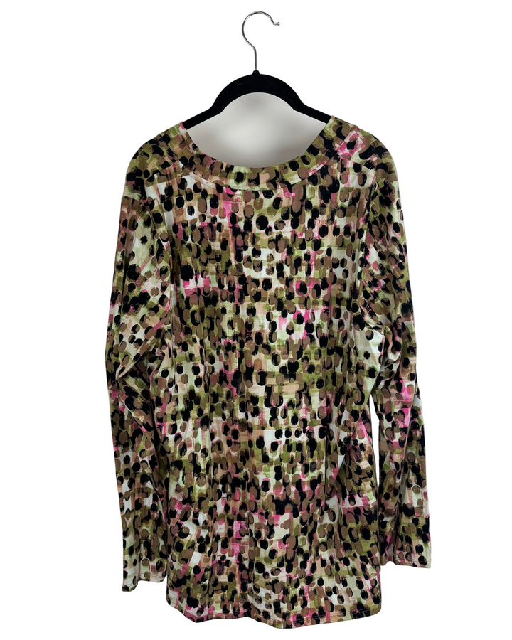 Green, Brown and Pink Dot Pattern Long Sleeve Top - Size 14/16