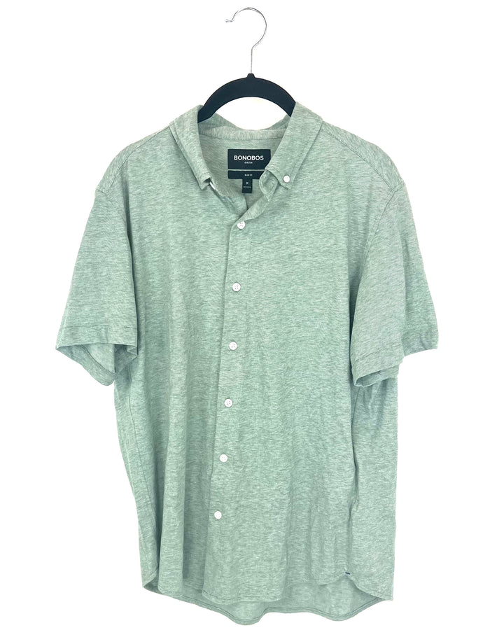 MENS Heather Green Button Down Short Sleeve Shirt - Medium