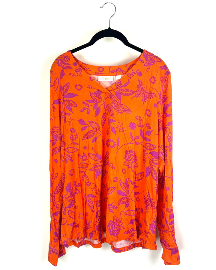 Orange Floral Butterfly Long Sleeve Top - Size 14/16