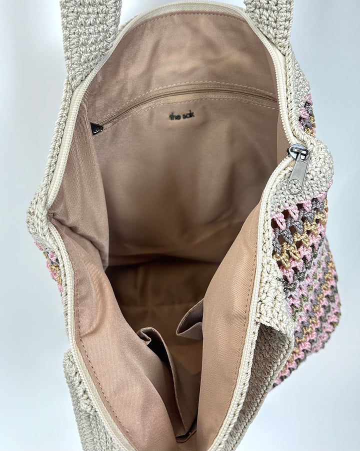Light Tan and Pink Crochet Shoulder Bag With Floral Charm