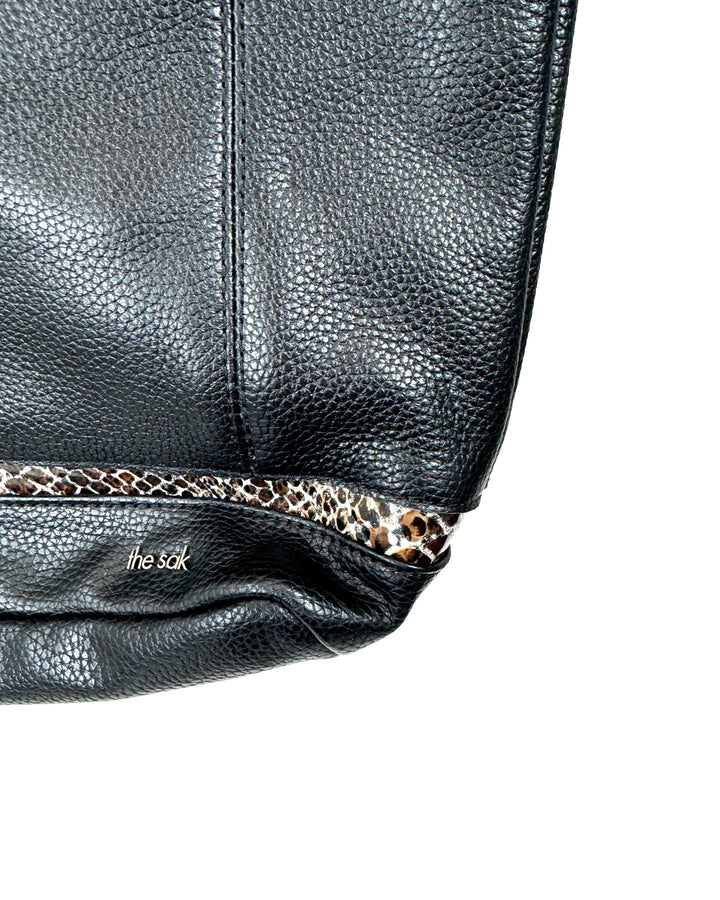 Black Leather Tote Bag with Snake Skin Design