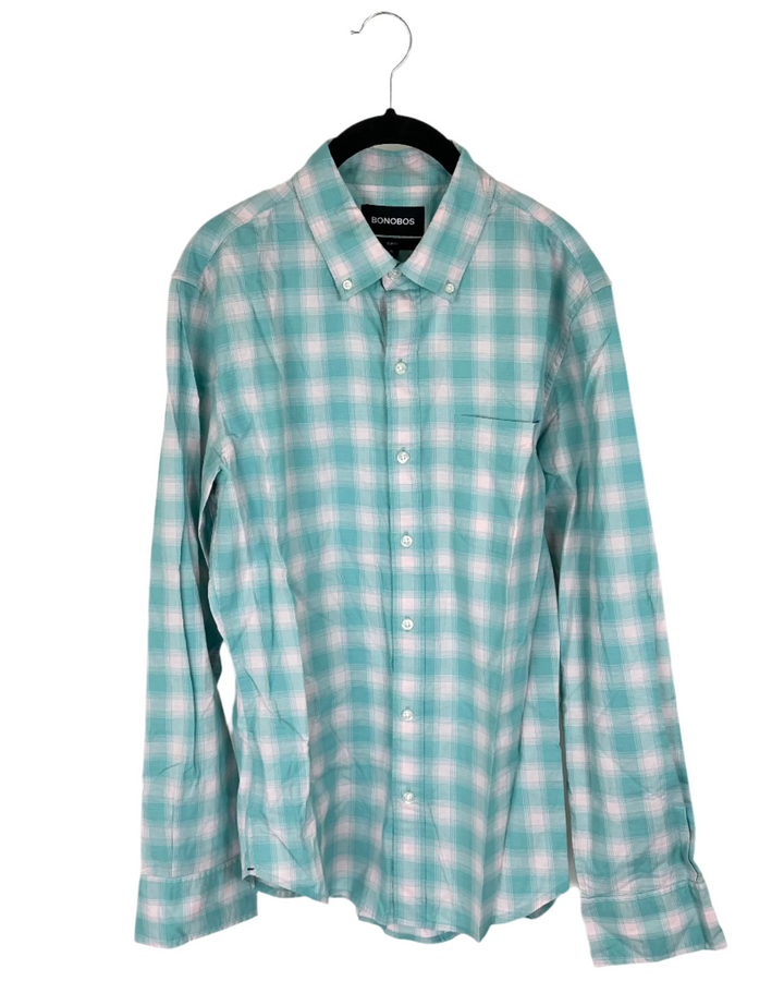 Mens Pastel Blue and Pink Plaid Shirt - Medium