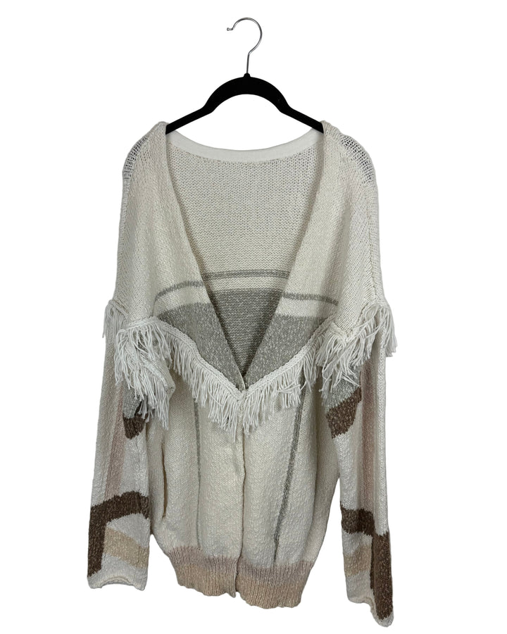 White And Neutral Toned Fringe Cardigan - Large