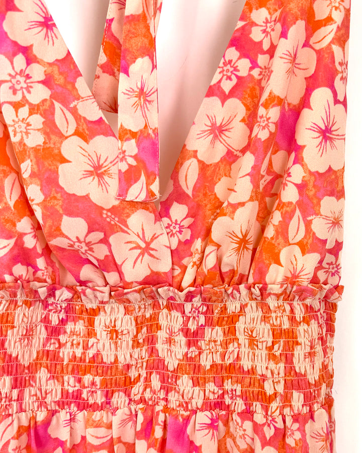 Orange and Pink Floral Halter Top Dress - Size 2/4