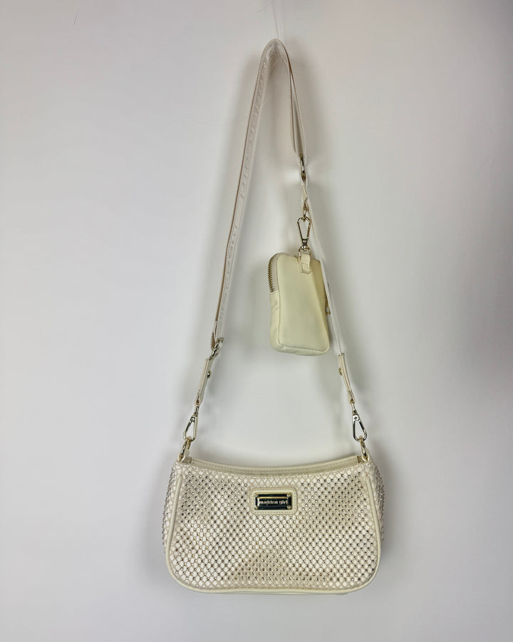 Cream Fishnet Rhinestoned Bag