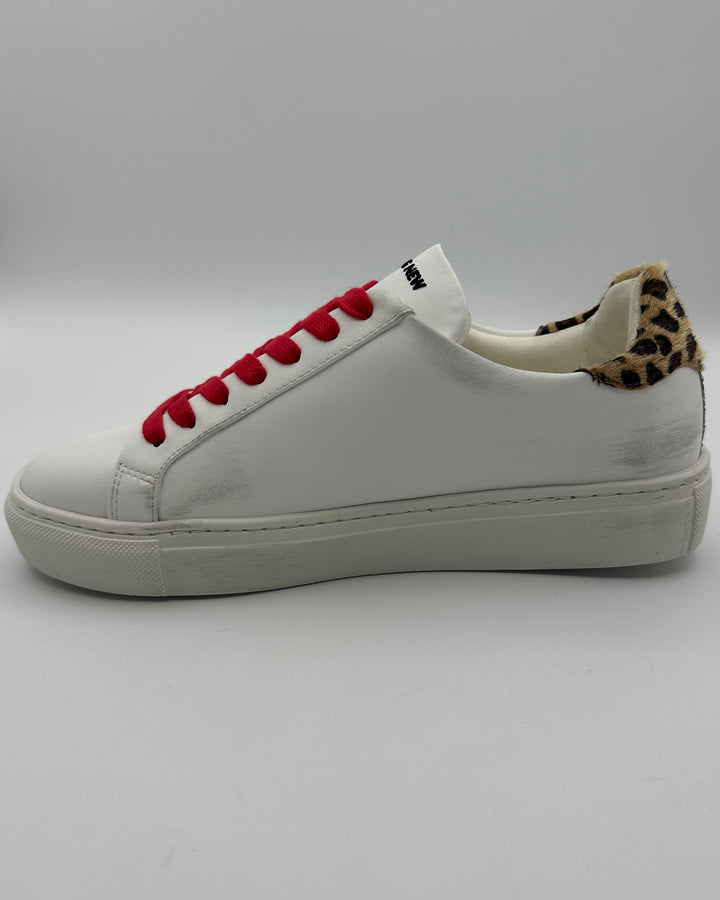 White Leather And Cheetah Print Sneaker - Size 6.5