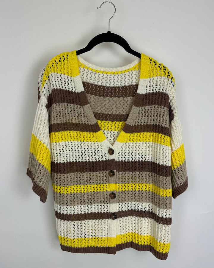 Brown & Yellow Striped Short Sleeve Sweater - Size 4/6