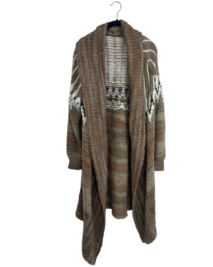 Brown Patterned Open-Front Cardigan- Size 8/10