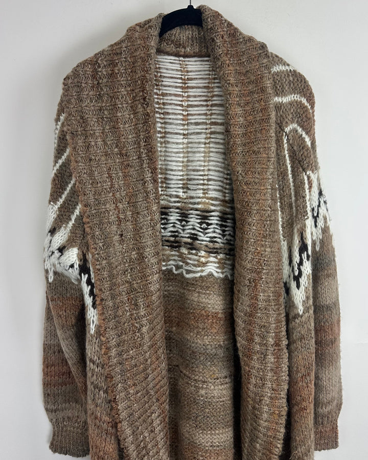 Brown Patterned Open-Front Cardigan- Size 8/10