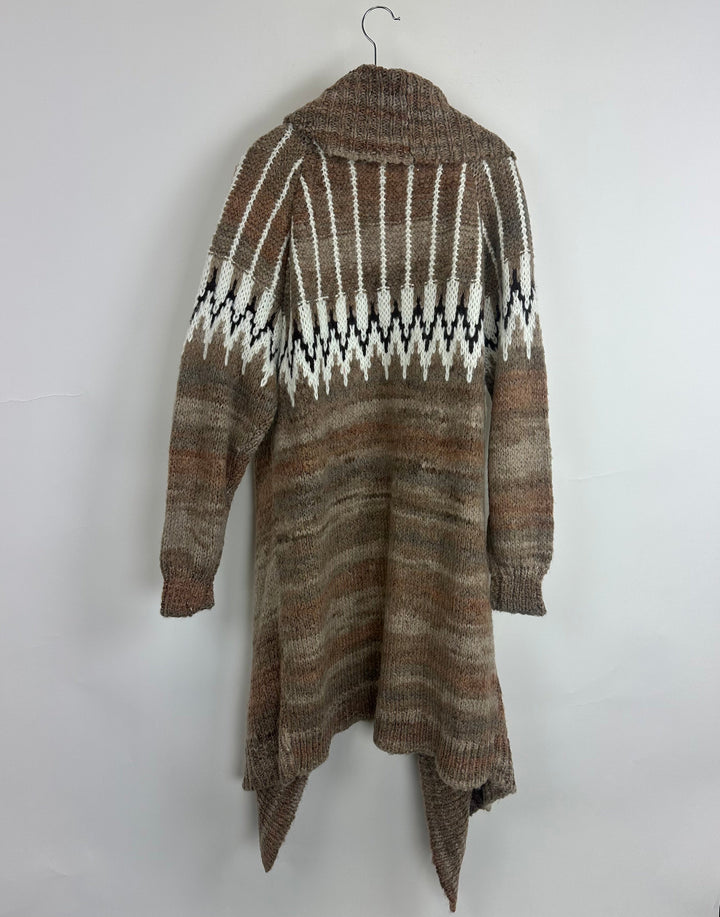 Brown Patterned Open-Front Cardigan- Size 8/10