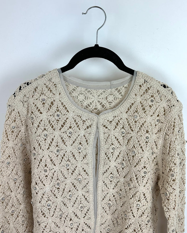 Beige Crochet Cardigan With Rhinestones - Size 4/6
