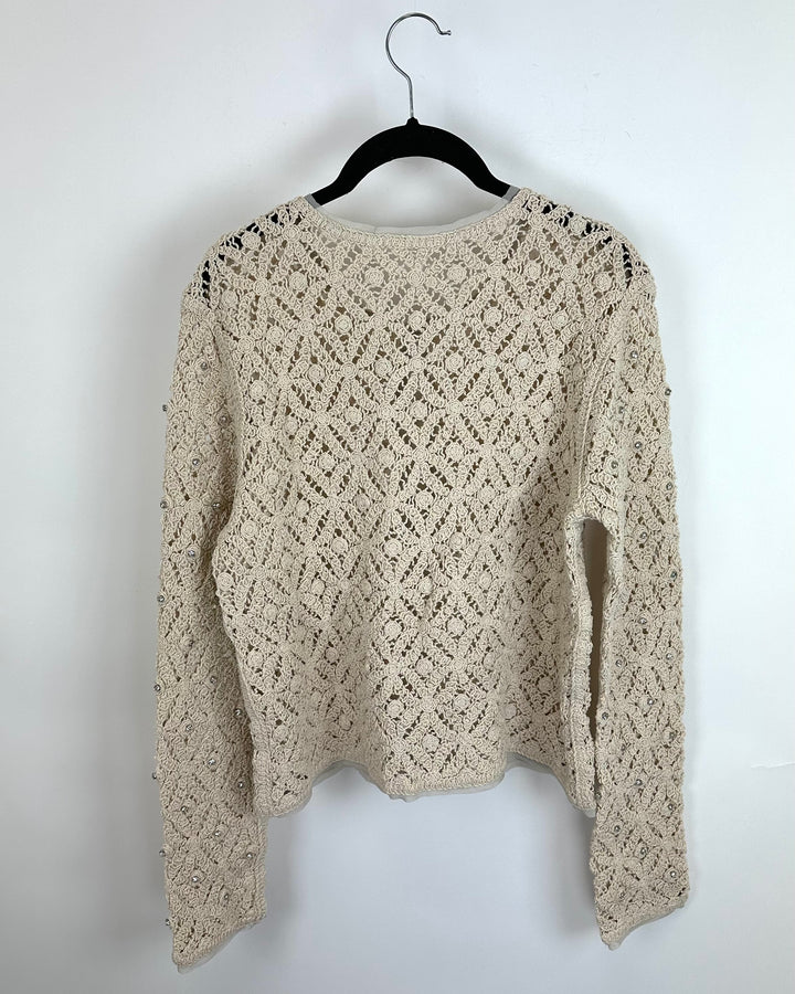 Beige Crochet Cardigan With Rhinestones - Size 4/6