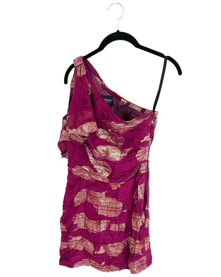 Plum & Gold Leaf Patterned Cocktail Dress - Size 4
