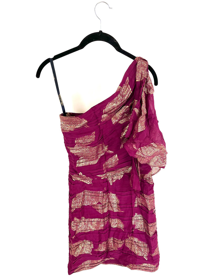 Plum & Gold Leaf Patterned Cocktail Dress - Size 4