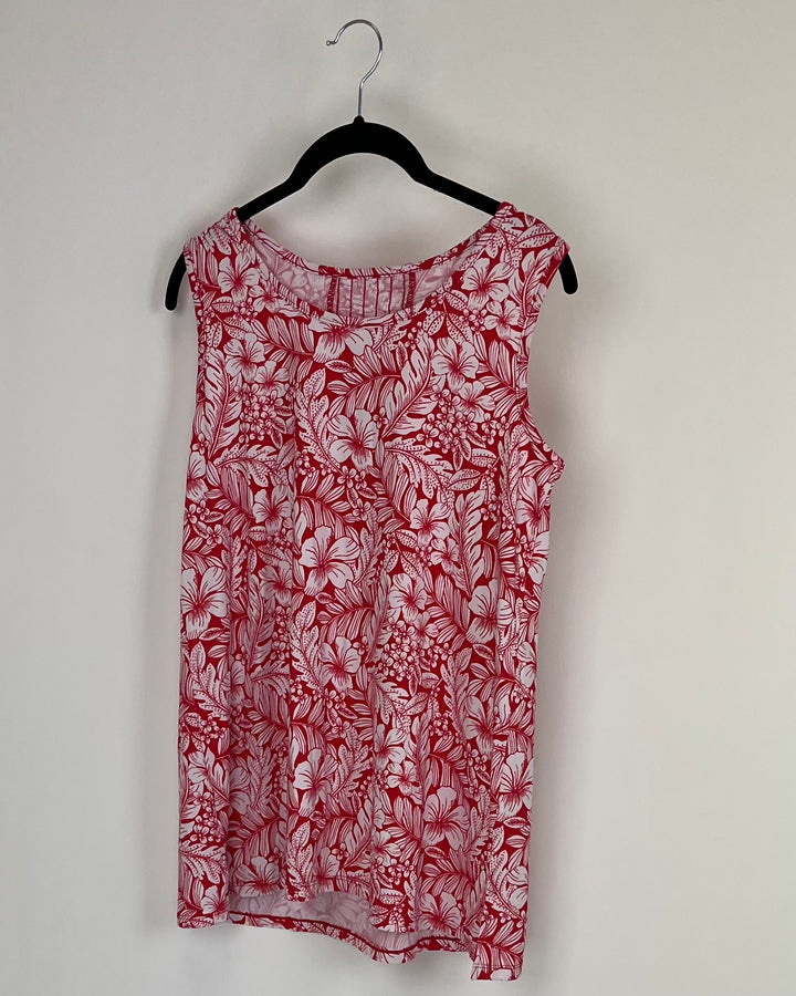Red Sleeveless Top with Tropical Print -  Small