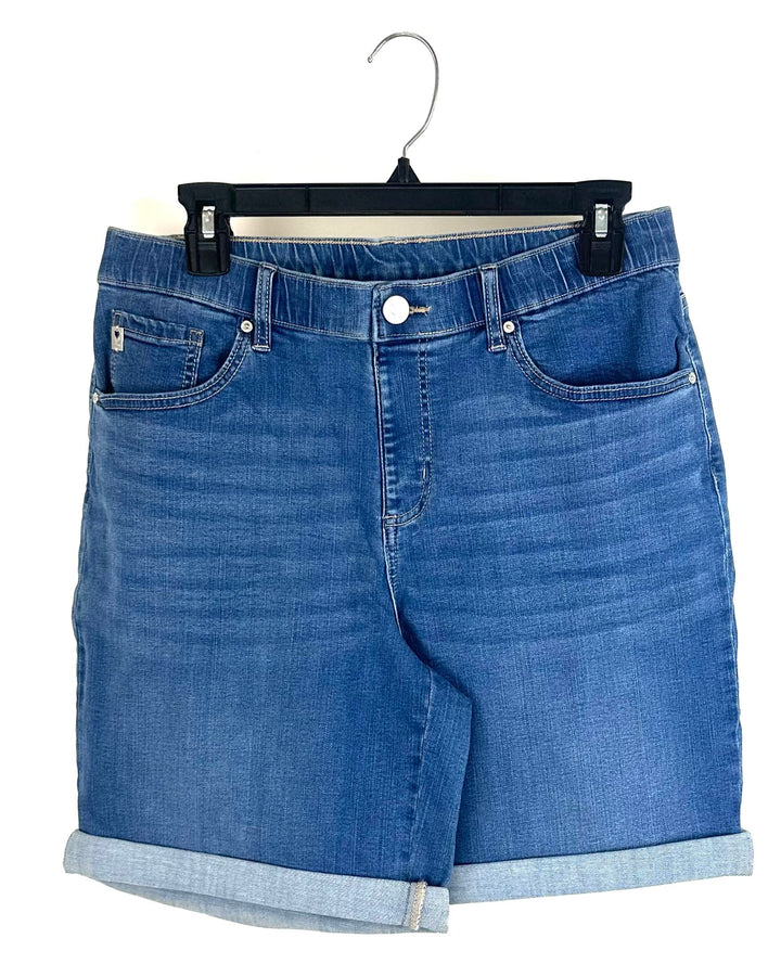 Dark Wash Elastic Waistband Jean Shorts - Size 12