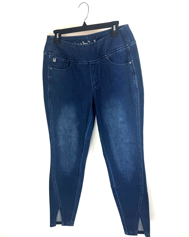 Dark-Wash Pull-On Skinny Jeans with Ankle Slit- Size 12