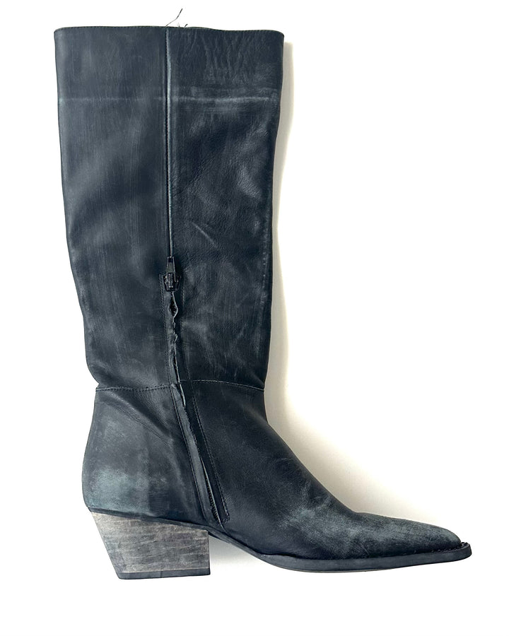 Black Distressed Leather Boot - Size 8