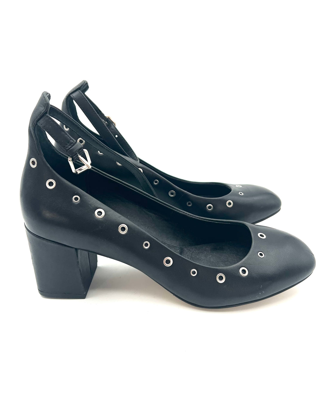 Black Grommet Strap Heels - Size 7